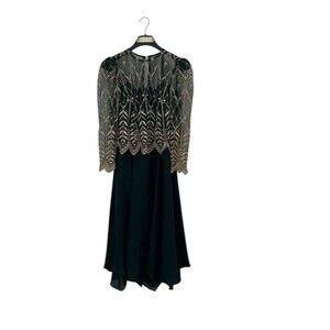 Vintage Cachet by Bari Protas Green Chiffon Dress With Gold Embroidery Size 8